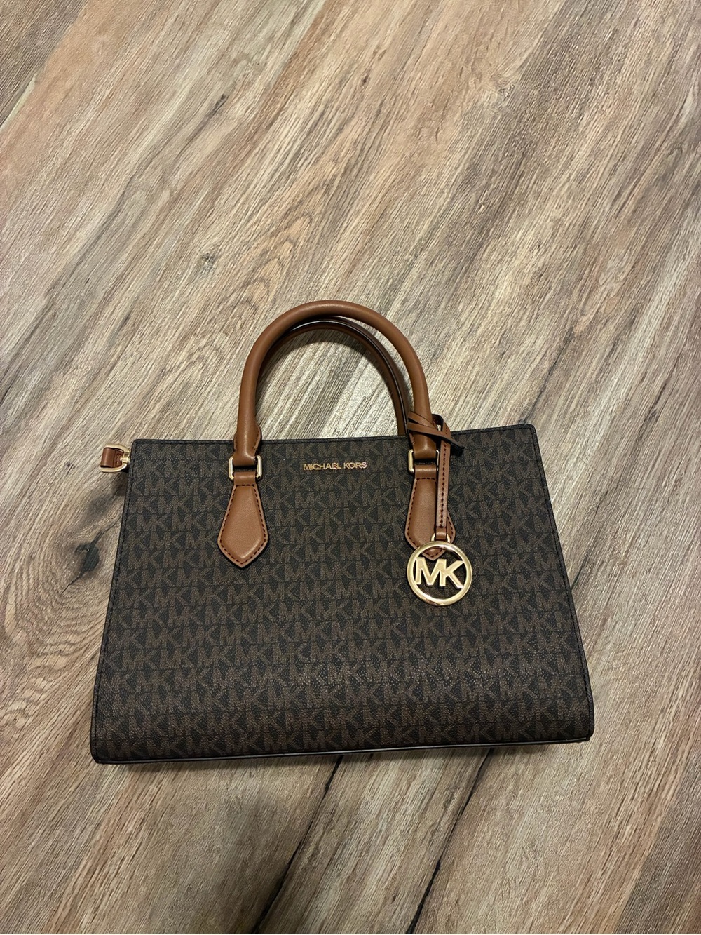 Michael Kors Dark Brown MK Logo Satchel with Tan Handles and Gold Charm